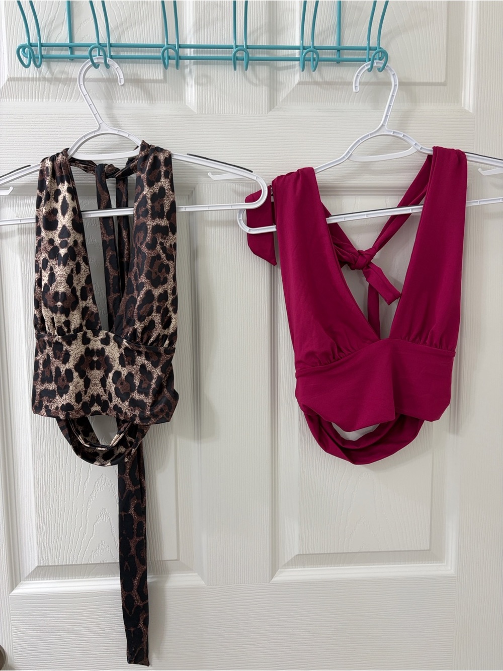 Set of 2 Women’s Leopard Print and Magenta V Neck Halter tie tops